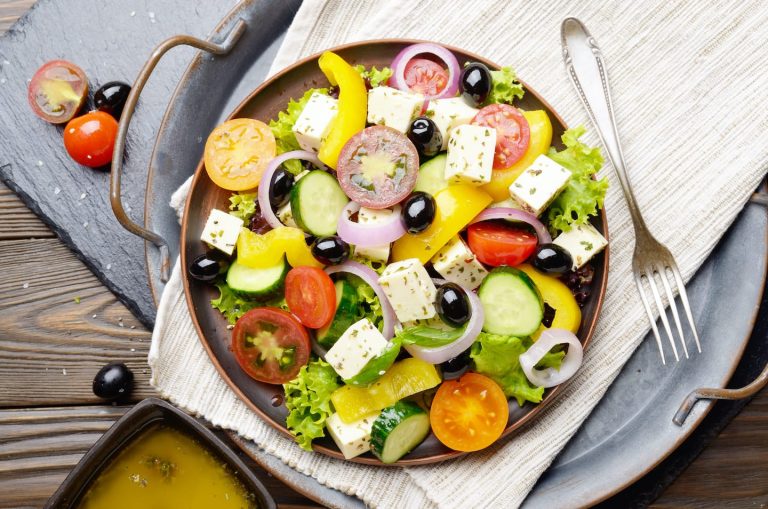top view at mediterranean diet dish greek salad on KAYHB2U